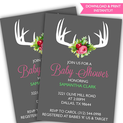 Baby girl baby shower invitation - rustic baby shower invitation - antler baby shower - floral baby shower