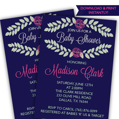 Baby girl baby shower invitation - rustic baby shower invitation - navy baby shower - floral baby shower