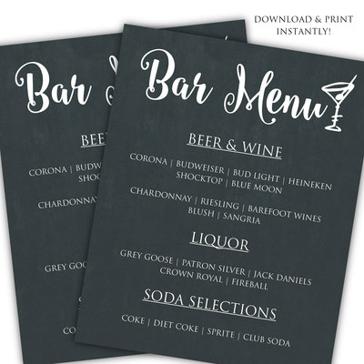 Diy bar menu template - printable bar menu template - wedding menu template