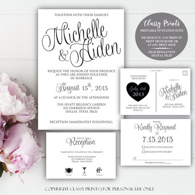Printable Wedding Invitation - Calligraphy Wedding Invitation - Black &White Wedding Invitation - Black and White Wedding Invitation