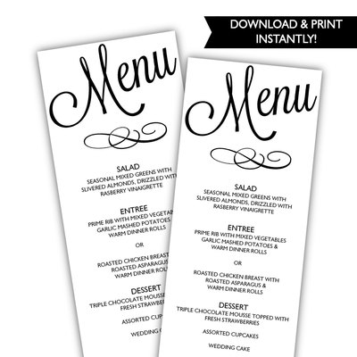 Printable wedding menu template - wedding menu - diy menu template