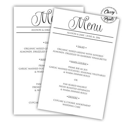 Printable wedding menu - calligraphy wedding menu - black &white wedding menu - diy wedding menu