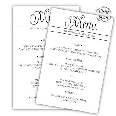 Printable Wedding Menu - Calligraphy Wedding Menu - Black &White Wedding Menu - DIY Wedding Menu