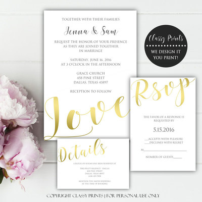 Printable wedding invitation - calligraphy wedding invitation - gold wedding invitation