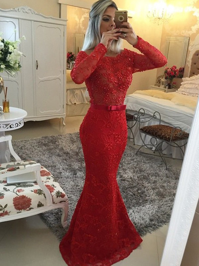 red prom dresses,Red Trumpet/Mermaid Scoop  Tulle Prom Dresses Evening Dresses 8664