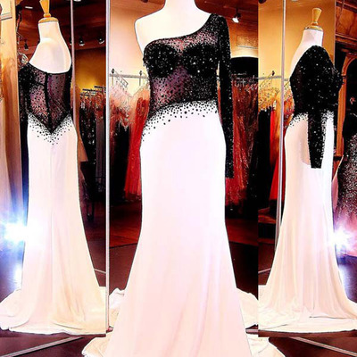 Prom dresses long,white with black a-line one shoulder chiffon prom dresses evening dresses 8149