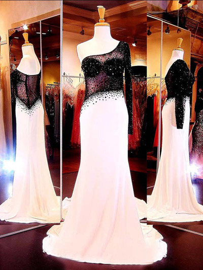 prom dresses long,White with Black A-line One Shoulder Chiffon Prom Dresses Evening Dresses 8149