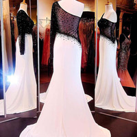prom dresses long,White with Black A-line One Shoulder Chiffon Prom Dresses Evening Dresses 8149 - Thumbnail 1