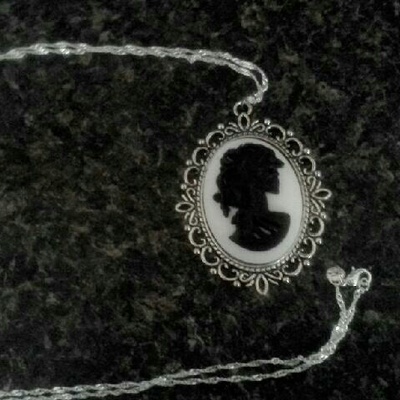 Sterling silver white & black gothic lolita skull cameo necklace