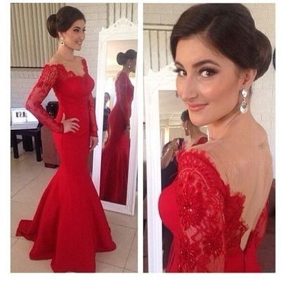 Mermaid prom dress, long prom dresses, red prom dresses, lace prom dresses, long sleeve prom dress, elegant prom dress, evening dress, PD15337