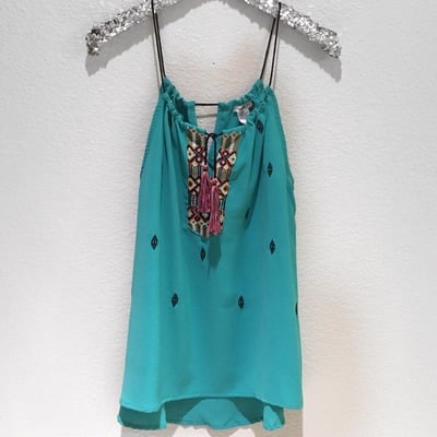 Turquoise embroidered tassel tank