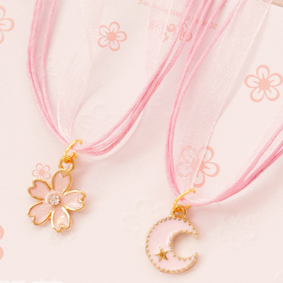 Japanese sweet pink cherry blossoms moon ribbon necklace