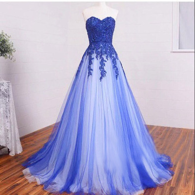 A line strapless sweetheart blue prom dresses with beaded applique bodice pst0004