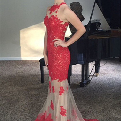 Burgundy lace and tulle prom gowns illusion neckline sweep train pst0029