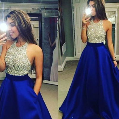 Floor length halter sleeveless beaded bodice prom dresses pst0032