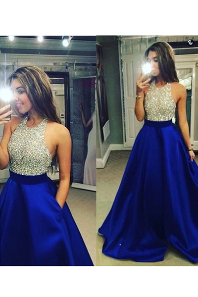 Floor Length Halter Sleeveless Beaded Bodice Prom Dresses pst0032