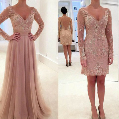 Lace prom dresses long sleeves v neckline detachable tulle skirt pst0037