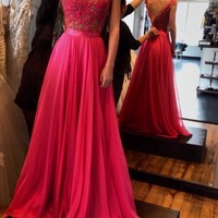 Floor Length Lace Bodeice Chiffon Prom Gowns V Back pst0053 - Thumbnail 1