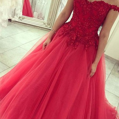 Off shouder red lace bodice tulle skirt prom dresses pst0065