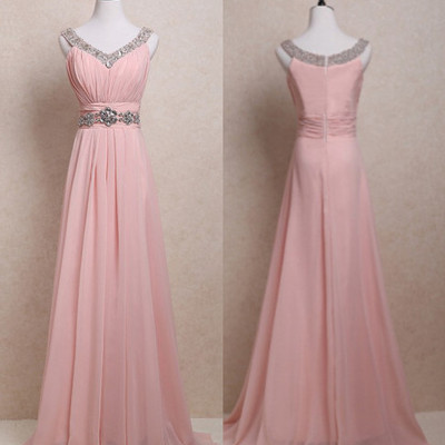 Pink chiffon prom gonws beaded v neckline zipper back pst0066
