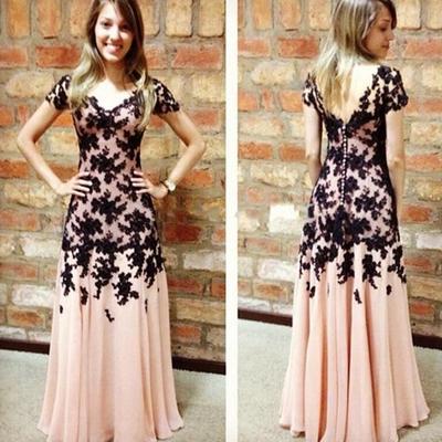 Short sleeves prom dresses black lace buttons back pst0072