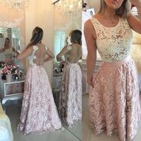 Floor Length Prom Dresses Round Neckline Sleeveless Pearls Bodice Lace Skirt pst0079 - Thumbnail 2