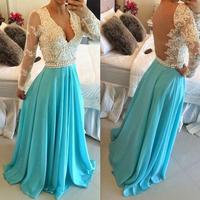Floor Length Long Sleeves Evening Dresses Prom Gowns Pearls Waistband pst0076 - Thumbnail 1