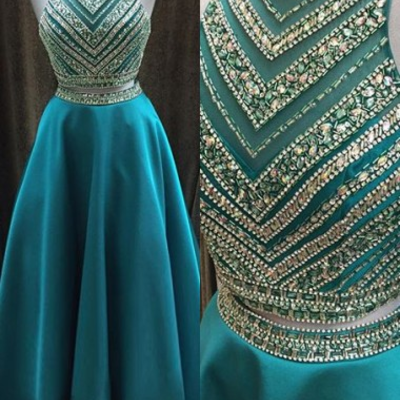 Floor length sleeveless satin turquoise prom dresses beaded bodice pst0041