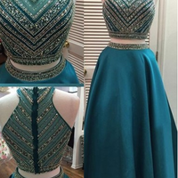 Floor Length Sleeveless Satin Turquoise Prom Dresses Beaded Bodice pst0041 - Thumbnail 1