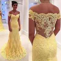 Yellow Off Shoulder Prom Dresses Overlay Lace V Back pst0070 - Thumbnail 1