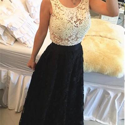 Floor length prom dresses round neckline sleeveless pearls bodice lace skirt pst0079