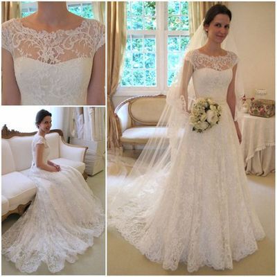 Shedress capped sleeves sweep train a-line lace wedding dress ,cheap wedding gown,wd160029 - Thumbnail 5