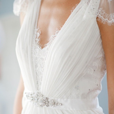 V-neck capped sleeves ruching lace wedding dress ,princess wedding dress,wd160034