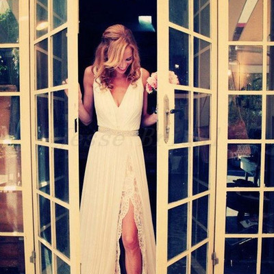 Simple v neck backless white lace wedding dress casual summer bridal gown,cheap wedding dress