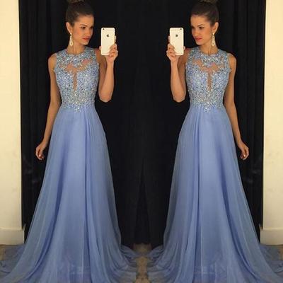 Sky blue a line prom dresses tulle skirt lace bodice pst0085