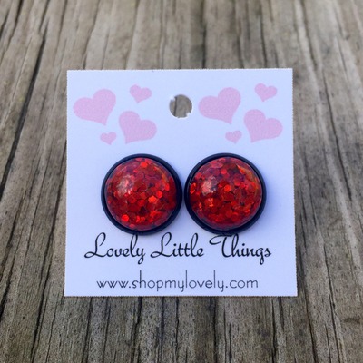 12mm red glitter studs with black setting 