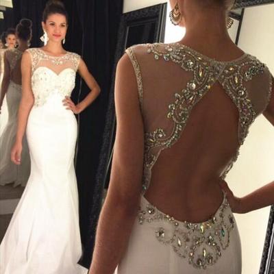 Mermaid long prom dresses beaded bodice keyhole back pst0098