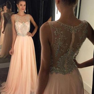 Chiffon and beads prom dresses illusion neckline zipper back pst0104