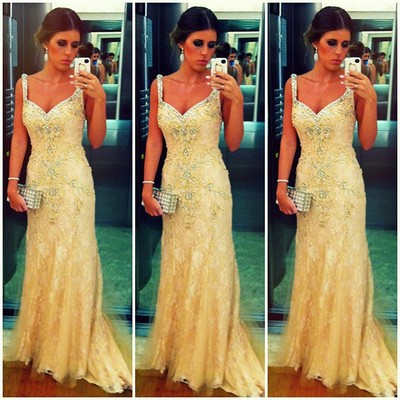 Bright yellow celebrity lace prom dresses spagetti straps pst0112