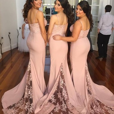 Spaghetti straps mermaid prom dresses lace train pst0088