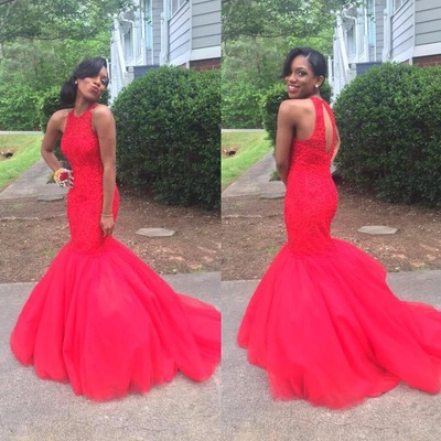 Red mermaid lace and tulle evening dresses prom gowns pst0147