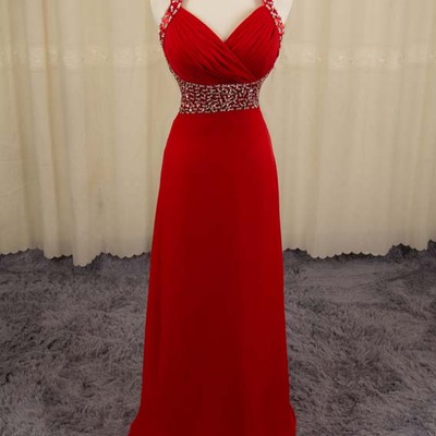 Red chiffon celebrity lace prom dresses hatler straps pst0155