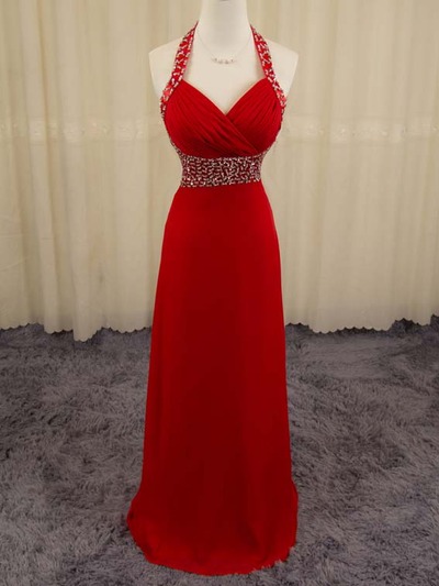Red Chiffon Celebrity Lace Prom Dresses Hatler Straps pst0155