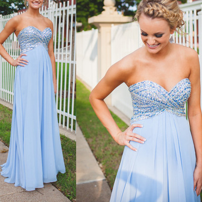 Sky blue sheeth beads bodice and chiffon celebrity prom dresses pst0162