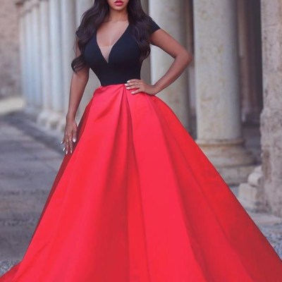 Sexy ball gown black and red prom dresses deep neckline pst0135