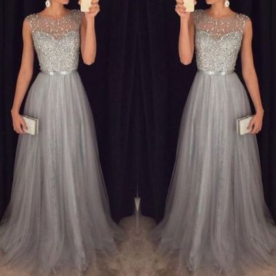 A line tulle grey prom dresses modest evening dress with sparkle beads formal gowns,cheap prom dress