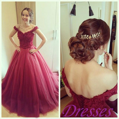Burgundy off shoulder lace bodice celebrity prom gowns pst0173