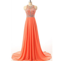 Prom Dresses Long for Teens Orange Chiffon Beads Bodice pst0169 - Thumbnail 1