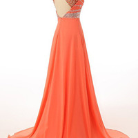 Prom Dresses Long for Teens Orange Chiffon Beads Bodice pst0169 - Thumbnail 2