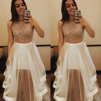 2016 two piece sey prom dresses tulle skirt pst0183